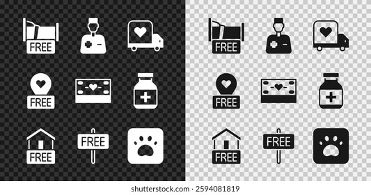 Set Free overnight stay house, Male doctor, Delivery truck with heart, home delivery, sign, Paw print, Location and Donation and charity icon. Vector