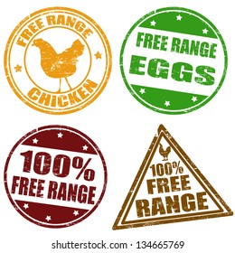 Set of free range chicken and eggs rubber stamps, vector illustration