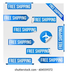 Set of Free Shipping Blue Label Icon Design. Vector illustration Isolated on white background.