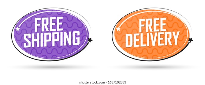 Set Free Shipping and Free Delivery tags, promo banners design template, vector illustration