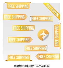 Set of Free Shipping Yellow Label Icon Design. Vector illustration Isolated on white background.