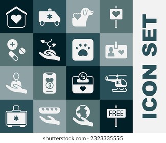 Set Free sign, Rescue helicopter, Volunteer id card or badge, Heart with dog, team planting trees, Medicine pill tablet, Shelter for homeless and Paw print icon. Vector