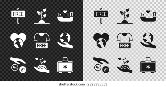 Set Free sign, Volunteer team planting trees, Humanitarian ship, Donation and charity, First aid kit, The heart world - love and Clothes donation icon. Vector