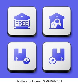 Set Free storage, Warehouse check, Carton cardboard box and Gear with package icon. White square button. Vector