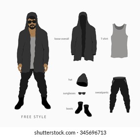 set free style men's clothing. Glasses with a cap, pants with a hoodie and T-shirt with shoes