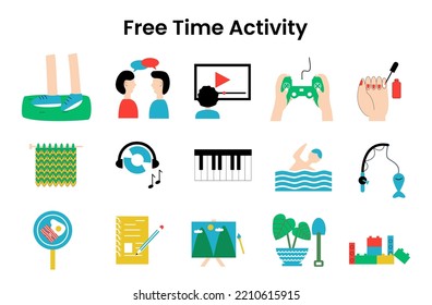 Set of free time activites illustration. Collection of icon set such as walking on the grass, chit chat, watching movie, playing video games, listening music, fishing, crochet and others