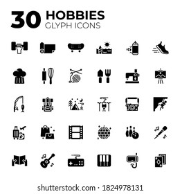 Set of Free time and Hobbies icons. Glyph style hobbies icons.