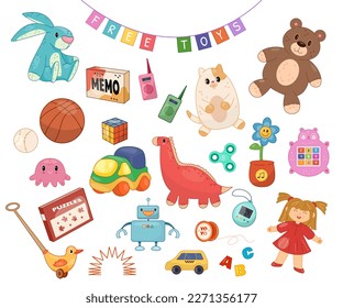 Set of Free Toys. Funny Playthings for donations and charity. Teddy bear, ball, beautiful doll, puzzle, robot, tamagotchi and soft rabbit. Cartoon flat vector collection isolated on white background