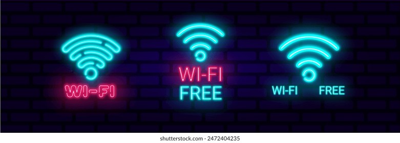 Set of Free Wifi neon signboards, nightly bright advertising, light inscription. Vector illustration