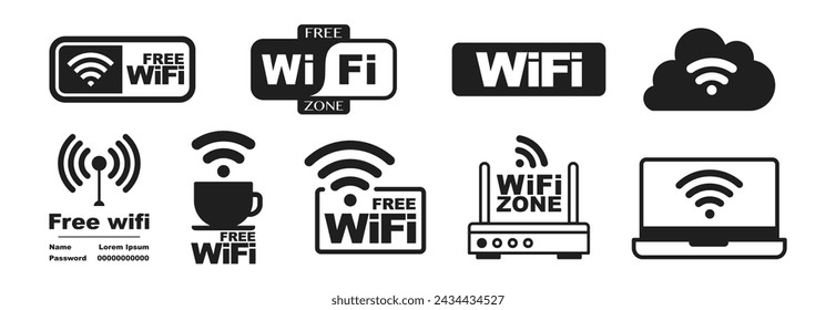 Set of free WiFi and zone sign. PNG. Icon wifi signal. Wireless internet symbol. Set of sign for connect of network