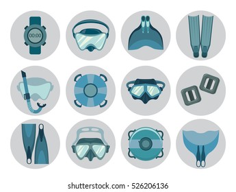 Set of freediving equipment icons on a white background. Vector illustration of underwater sport. Mask and snorkel, fin and monofin, buoy and weight.