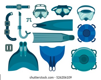 Set of freediving equipment on a white background. Vector illustration of underwater sport. Mask and snorkel, fin and monofin, buoy and weight.