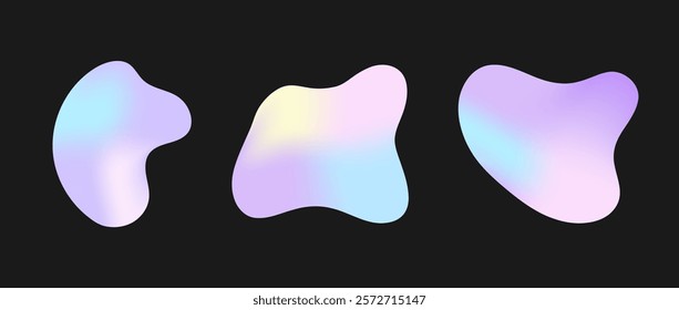 Set of Freeform or irregular blob. Collection of abstract amoeba. Holographic elements for design decoration. Vector illustrations isolated on transparent background.