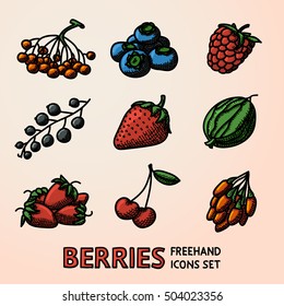 Set of freehand BERRIES icons - cherry, strawberry, raspberry, currant, blueberry, gooseberry, rowan, goji. Vector