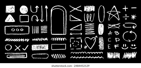 Set of freehand chalk doodles, arrows, different signs and symbols, graphic design decorations. Vector illustration.