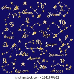 Set of freehand constellations. Vector Golden zodiac signs on a dark blue starry sky background.Doodle style. Doodle style. All stars and inscriptions are isolated.