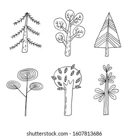 Set of freehand doodle trees. For cards and coloring. Circuit