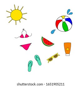 Set of freehand doodle vector icons stickers with womens accessories objects for beach ocean vacation. Bikini ball in water splashes sunscreen lotion sunglasses flip flops watermelon slice