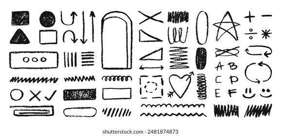 Set of freehand doodles, arrows, different signs and symbols, graphic design decorations. Vector illustration.