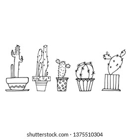 set freehand drawing of cacti in pots, vector illustration