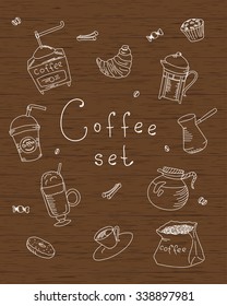 Set freehand drawing sweets bakery cafe coffee drinks doodles, wood texture, vector illustration