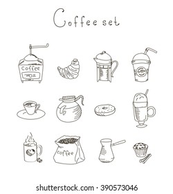 Set freehand drawing sweets bakery cafe coffee drinks doodles, vector illustration
