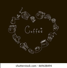 Set freehand drawing sweets bakery cafe coffee drinks doodles, heart shape with space for text, outline vector illustration