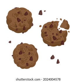Set of freehand drawings of chocolate oatmeal cookies. Bitten cookies for dessert illustration for children in cartoon milos til. Vector clipart baking isolate on white background. Cookie icon