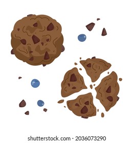 Set of freehand drawings of chocolate oatmeal cookies whole and broken. Cartoon kids dessert illustration cookies and blueberries. Vector baking clipart isolate on white background. Cookie icon