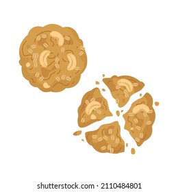 A set of freehand drawings of oatmeal cookies with cashew nut pieces. Bitten cookie for dessert illustration for kids in cartoon style. Vector clipart for baking isolate. cookie