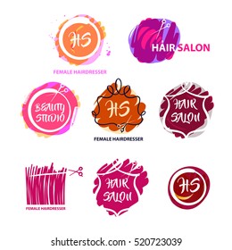 Set of freehand drawn color vector logo for beauty salon, parlor, studio, shop. Element corporate identity, banner, logotype isolated on white background. Colorful image with white and black contour.