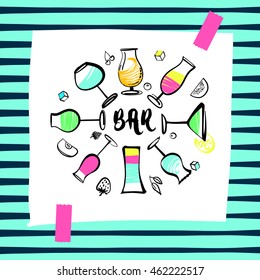 Set of freehand drawn design element for alcohol cocktail bar. Illustration for invitation on summer party with alcoholic drink.
