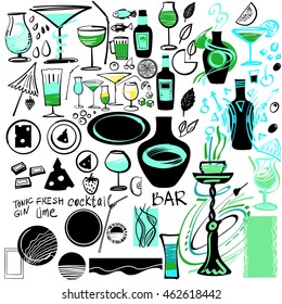 Set of freehand drawn design element for alcohol cocktail bar. Illustration for invitation on summer party with alcoholic drink.