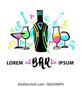 Set of freehand drawn design element for alcohol cocktail bar. Illustration for invitation on summer party with alcoholic drink.