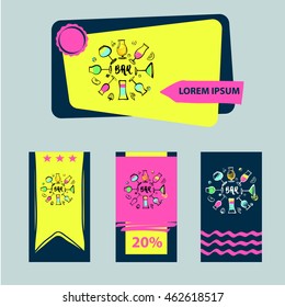Set of freehand drawn design element for alcohol cocktail bar. Illustration for invitation on summer party with alcoholic drink.