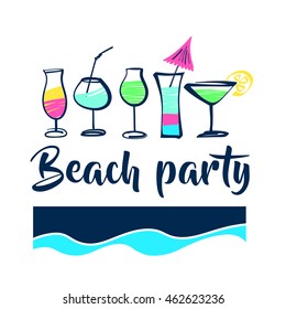 Set of freehand drawn design element for alcohol cocktail bar. Illustration for invitation on summer beach party with alcoholic drink.