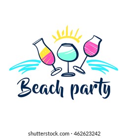 Set of freehand drawn design element for alcohol cocktail bar. Illustration for invitation on summer beach party with alcoholic drink.