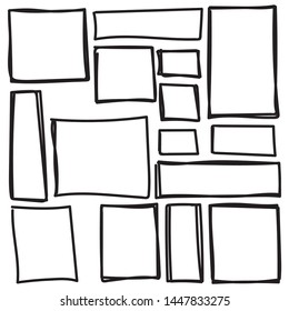 Set of freehand drawn horizontal and vertical rectangles and squares drawn by felt-tip pen. Text box and frames. Vector illustration. 