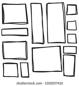 Set of freehand drawn horizontal and vertical rectangles and squares drawn by felt-tip pen. Text box and frames. Vector illustration. 