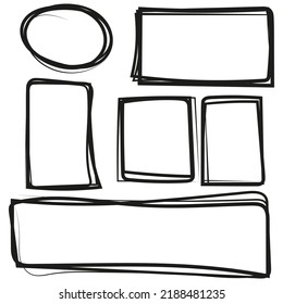 Set of freehand drawn horizontal and vertical rectangles and squares drawn by felt-tip pen. Text box and frames. Vector illustration.