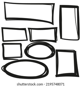 Set of freehand drawn horizontal and vertical rectangles and squares drawn by felt-tip pen. Text box and frames. Vector illustration.