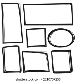 Set of freehand drawn horizontal and vertical rectangles and squares drawn by felt-tip pen. Text box and frames. Vector illustration.