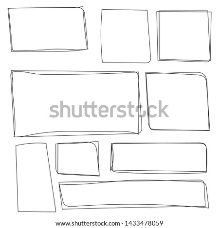 Set of freehand drawn horizontal and vertical rectangles and squares drawn by felt-tip pen. Text box and frames. Vector illustration. 