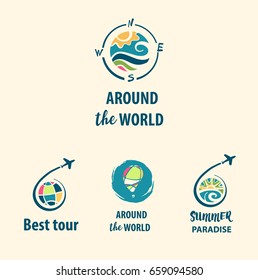 Set of freehand drawn illustration color logo template for summer travel business tour agency. Best tour around the world to summer paradise. 