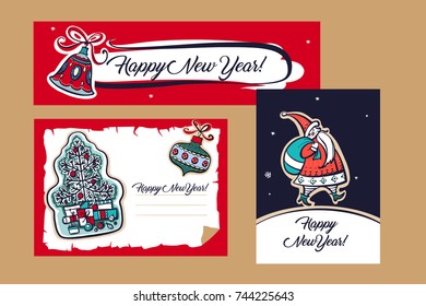 Set of freehand drawn image template poster, banner for happy new year and merry christmas party with Santa claus with snowflake, bell, xmas tree. Sketch vector illustration.