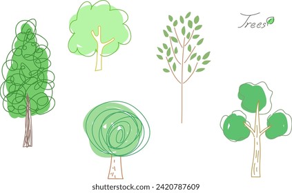 Set of freehand drawn rough trees, vector illustration