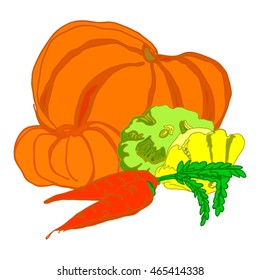 Set of freehand drawn vegetables. Isolated objects, can be used separately. Autumn yield of carrots, pattypans, squashes. Harvest in the fall. Fall vegetables. Fall foods. Meal for fall.