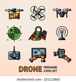 Set of freehand drone icons - drone with box, drone top view, surveillance drone, navigation, map, controllers, tablet and smartphone apps. Vector