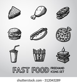 Set of freehand FAST FOOD icons - sandwich, chicken, hamburger, hotdog, pizza, french fries, canape, soda. Vector