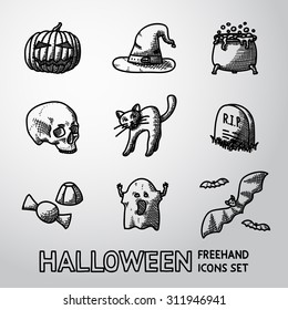 Set of freehand HALLOWEEN icons -pumpkin, witch hat, cauldron, scull, cat, grave, candy, ghost, bats. Vector